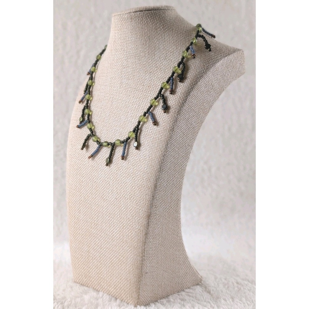 Artisan Boho Fringe Necklace Seed Beads Green Blue Handmade Style